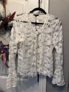 White Lace One-Button-Front Blouse with Floral Trim